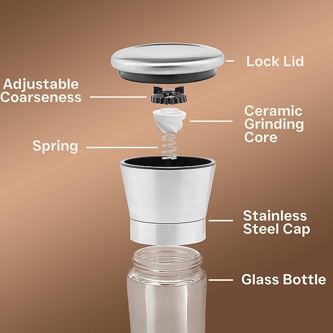 Premium Stainless Steel Sea Salt and Pepper Grinder Set of 2 - Adjustable Ceramic - Tall Glass Salt and Pepper Shakers - Pepper Mill & Salt Mill W/Funnel (2.6"W x 7.5"H) - Bloomnest