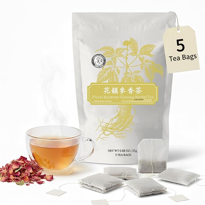 Herb Guru Floral Harmony Ginseng Herbal Blend with Rosa Rugosa and Chrysanthemum Flowers Natural Tea in Convenient Tea Bags | Herbal Infusion for Relaxation Wellness and Daily Balance
