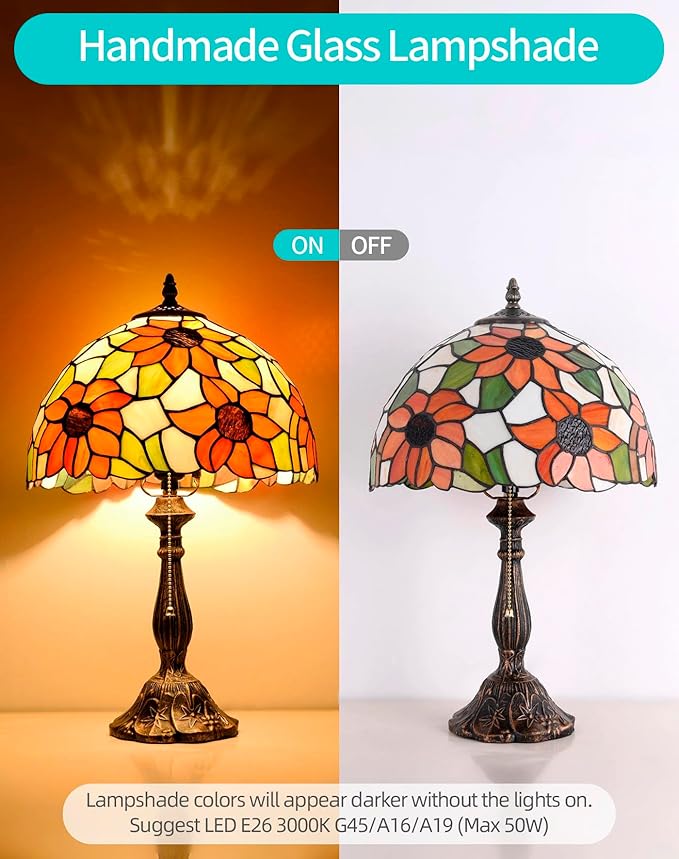 Tiffany Table Lamp, 12-inch Yellow Sunflower Style, Stained Glass Lamp for Living Room, Dining Room, Bedroom, Study Room, Office - Bloomnest