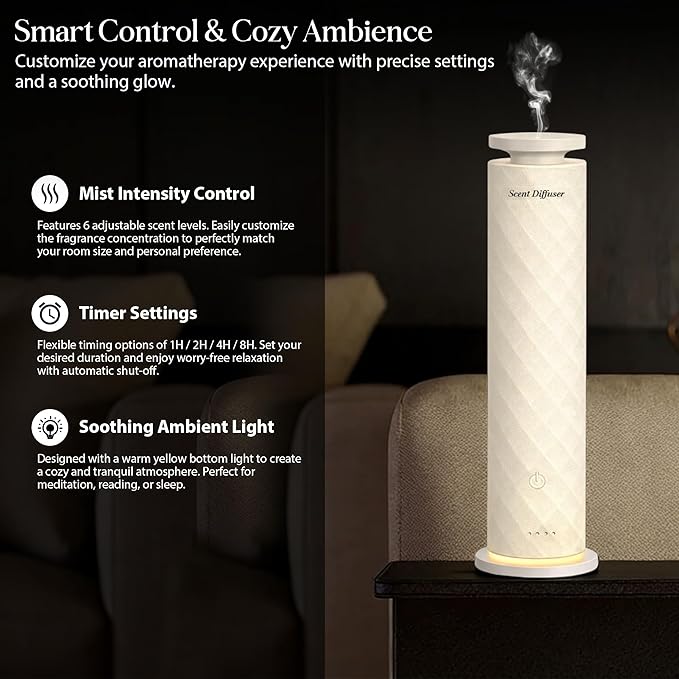 Waterless Scent Diffuser Starter Kit with 5 Oils, Luxury Hotel Style Cold Air Diffuser Oil Machine for Home, 1000 Sq Ft Coverage, Quiet Nebulizing Aromatherapy with Remote, Tower Fabric Design, Cream - Bloomnest
