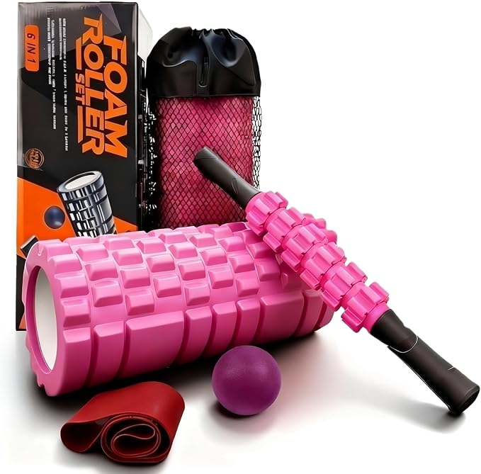 5 in 1 Foam Roller Set Includes Hollow Core Massage Roller, Yoga Stick, Massage Ball, Fitness Stretching Strap, Carrying Bag, Towel, Massage Roller (Pink) - Bloomnest