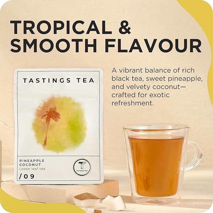 Tastings Tea Pineapple Coconut Loose Leaf, 2.25 oz | Tropical Black Blend & Fruit Infusion | Medium Caffeine | Naturally Sweet & Energizing | Small Batch & Sustainably Sourced | Resealable Pouch - Bloomnest