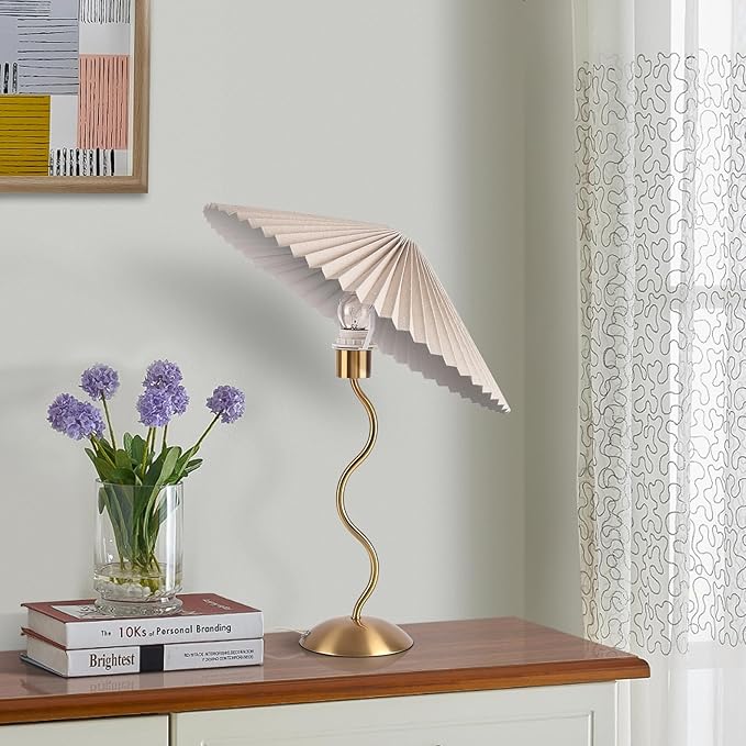 Gold Pleated Small Table Lamp, Brass Modern Bedside Table Lamp for Bedroom, Mini Pleated Lamp Shape, MCM Table Lamp Bedroom Bow Lamps for Nightstand - Bloomnest