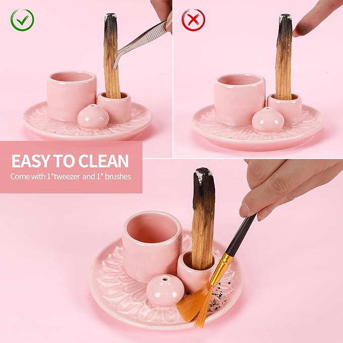 Palo Santo Sticks Holder, Multi-Purpose Handmade Ceramic Incense Burner for Palo Santo Incense Sticks, Sage Holder for Burning, Ash Catcher Tray for Meditation Yoga Room (Pink) ToolSentryX