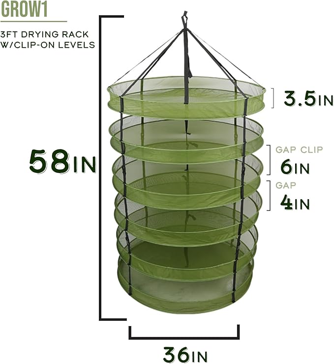 Grow1 3ft Drying Rack with Clip-On Levels Collapsible Mesh Herb and Flower Hanging Dryer with Removable Layers and Carrying Case - Bloomnest