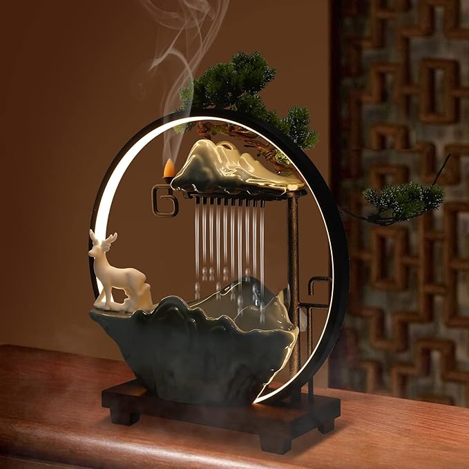 15In Water Fountains Indoor Tabletop Waterfall Humidifier with LED Light and Atomizer Mist, Japanese Zen Decor Meditation Fake Plants Bonsai Feng Shui Decor Festival Birthday surprise Good Luck Wealth - Bloomnest