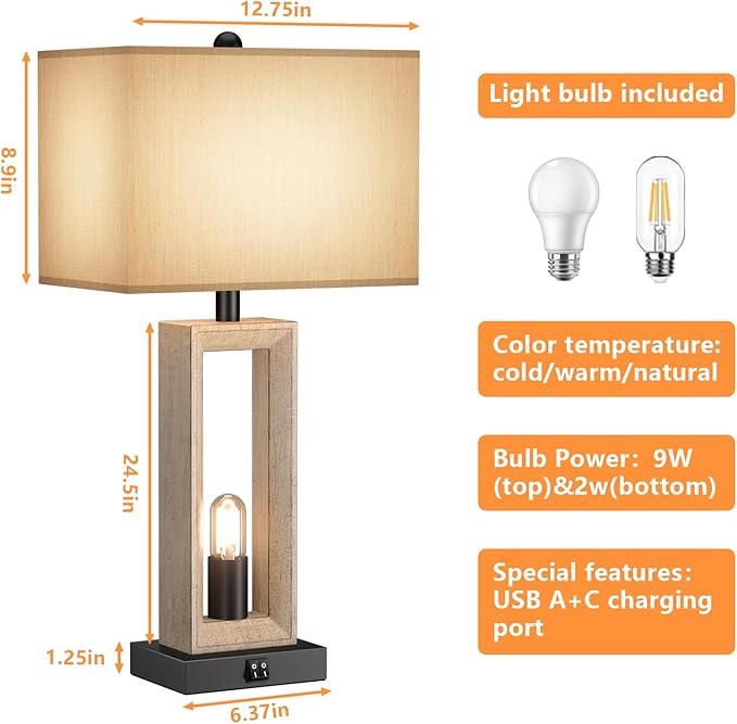 Set of 2 & 25" Retro Vintage Farmhouse Table Lamps for Living Room Bedroom Nightstands Decor Lamps with USB A+C Port , 3-way Dimmable Bedside Lamps included 4 LED Bulbs for End Table Entryway - Bloomnest