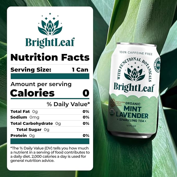 BrightLeaf Regenerative Organic Sparkling Tea, Mint Lavender, 12 oz Cans (Pack of 12) – Zero Sugar & Zero Calories – Organic Herbal Tea Drink – Mood-boosting ingredients – Craft Brewed Botanical Beverage - Bloomnest