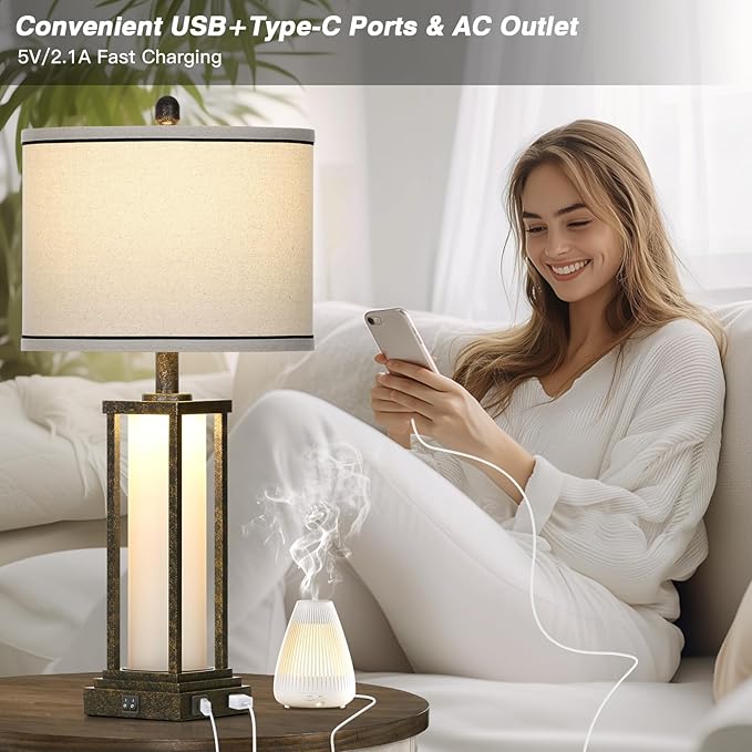 27" Tall Vintage Table Lamp Set of 2 with USB C+A & Outlet,Bronze Industrial End Table Lamp for Living Room,Farmhouse Rustic Bedside Lamps with Frosted Glass Night Light for Bedroom Nightstand,Bronze - Bloomnest
