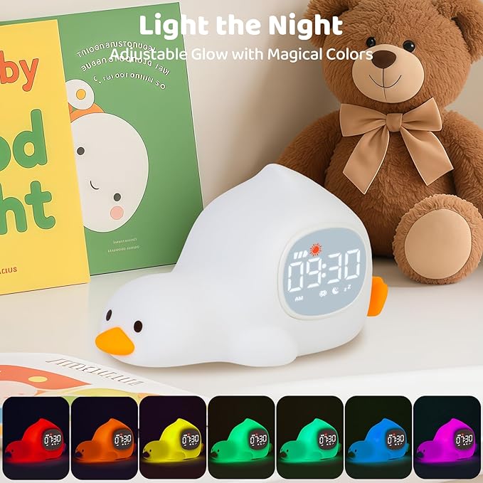 Laying Duck Alarm Clock with Night Light for Kids with Sleep Training and Sound Machine, Rechargeable Silicone Lamp OK to Wake Clock，Cute Animal Tabletop Lamp, Perfect Sleep Companion for Boys Girls - Bloomnest