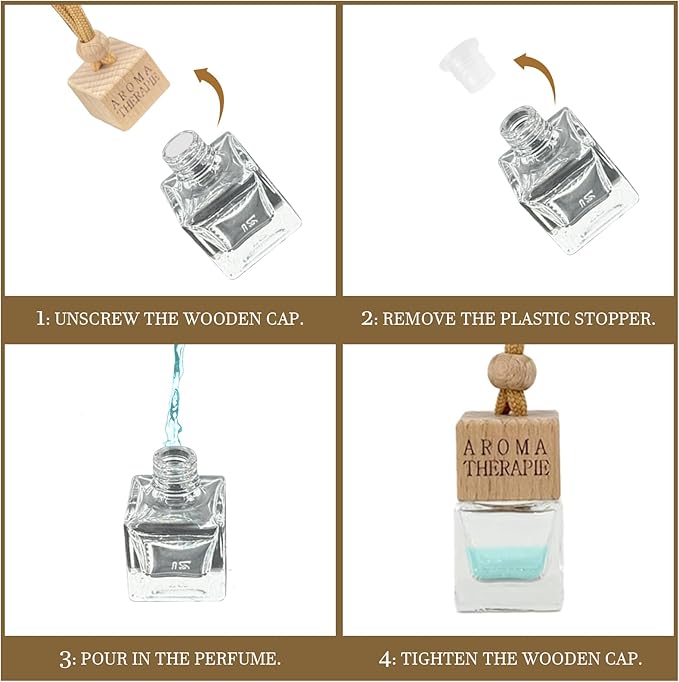 4-Pack Refillable Car Air Freshener Hanging Diffuser Empty Glass Bottle with Wooden Cap & Reed Sticks Essential Oil Aromatherapy Pendant Drift Car Fresheners for Women Men-Car Accessories - Bloomnest