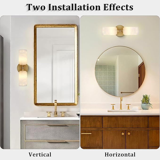 Alabaster Wall Sconces Set of Two, 14in Modern Spanish Natural Marble Bathroom Vanity Sconces, Brass Alabaster Sconce Wall Lighting, Gold Wall Light Fixtures Decor for Bedroom Living Room Staircases - Bloomnest