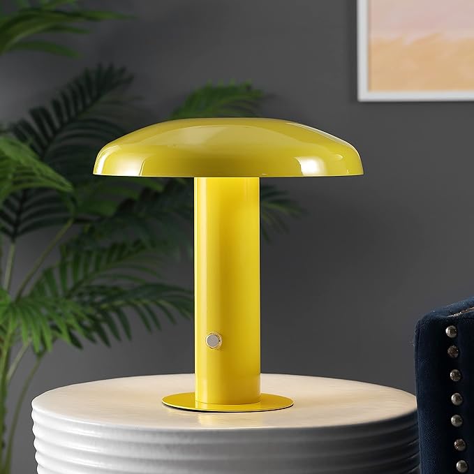 JONATHAN Y JYL7114C Suillius 11" Contemporary Bohemian Rechargeable/Cordless Portable Iron Integrated LED Mushroom Table Lamp Modern, Coastal Bedside Desk Nightstand Lamp, Yellow - Bloomnest