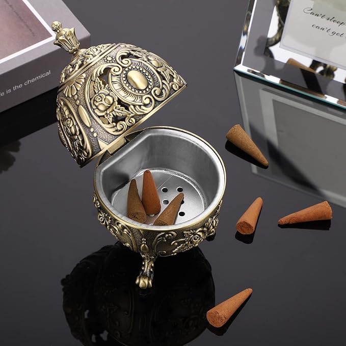 JUXYES Vintage Incense Burner Holder with Removable Ash Catchers, Metal Censer Antique Cone Coil Incense Burner Holder Zinc Alloy Spiritual Aromatherapy Yoga Meditation Gifts Retro Home Decoration - Bloomnest
