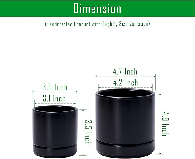 D'vine Dev 3.5 Inch & 4.7 Inch Ceramic Planter Pots for Plants with Drainage Hole and Saucer, X-Small Plant Pots Set, Black, 94-G-XS-2 - Bloomnest