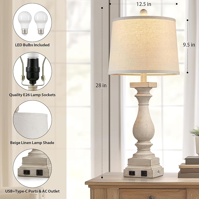 28" Tall Farmhouse Table Lamps Set of 2 with USB C+A Ports and AC Outlet, 3 Way Touch Control Rustic Bedside Lamp for Bedroom, Beige Vintage Nightstand Lamp for Living Room Office - Bloomnest