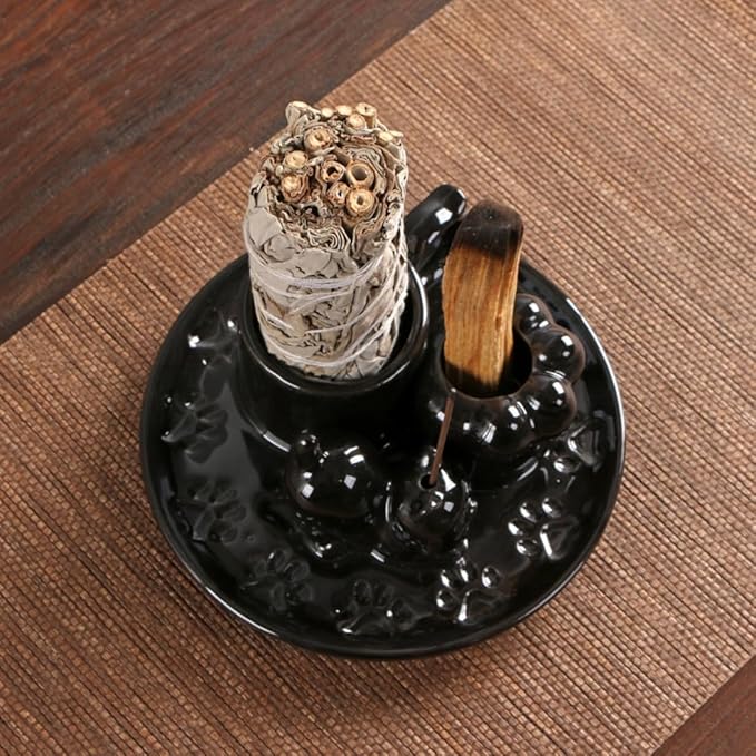 4 in 1 Casual Cat Incense Burner,Sage Holder Palo Santo Sticks Holder,Smudge Stick Ash Catcher Tray for Meditation Yoga Room (Black) - Bloomnest