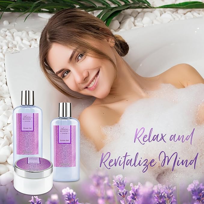 Bath Sets for Women Gift, Bath and Body Gifts Set, Lavender Spa Gift for Self Care Includes Body Lotion, Shower Gel, Bath Salts, Relaxing Bath Sets for Mom, Grandma, Girlfriend, Sister, Friends - Bloomnest
