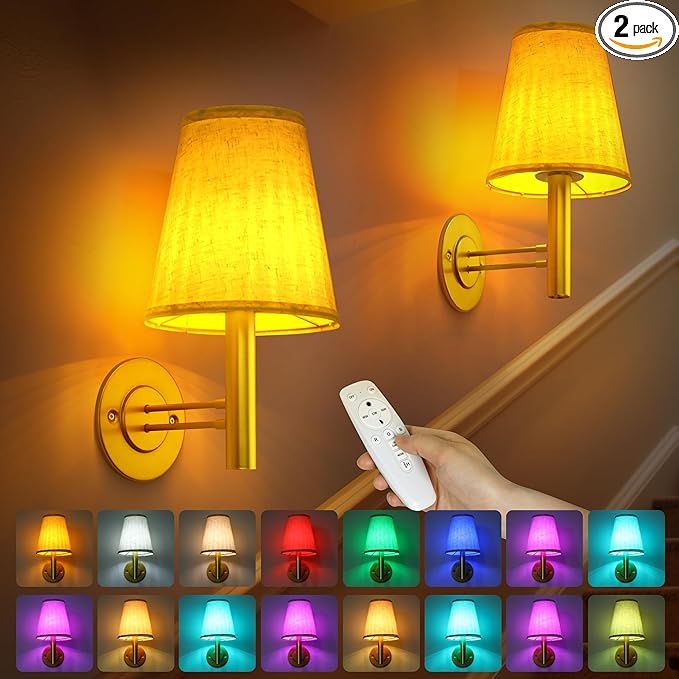Rechargeable Wall Sconces Gold with Remote Control, 5200mAh Battery Operated Wall Lights, Wireless 16 Colors Timer & Dimmable Battery Wall Lamp for Bedroom, Living Room, Hallway - Bloomnest