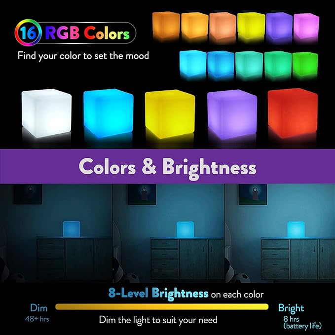 Mr.Go 4-inch Dimmable LED Night Light Mood Lamp for Kids and Adults - 16 RGB Colors - 8 Level Dimming - 4 Lighting Effect - Rechargeable - Remote Control - Decorative, Fun & Safe - White Finish Cube - Bloomnest