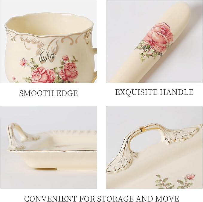 Ceramic Tea Set, 4 Cups and Spoons, One Sugar Bowl, One Milk Kettle, One Storage and Removeable Tray, Pink Rose - Bloomnest
