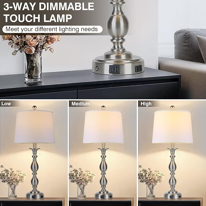 28" Tall Modern Table Lamps Set of 2 with USB A+C Ports and AC Outlet, 3 Way Touch Metal Bedside Lamps for Bedroom, Silver Farmhouse Nightstand Lamps for Living Room - Bloomnest