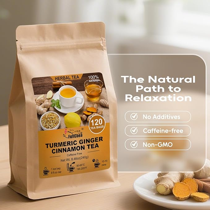 FullChea - Turmeric Ginger Cinnamon Tea Bags, 120 Teabags, 2g/bag - Premium Turmeric, Ginger, Cinnamon - Non-GMO - Caffeine-free - Aid Digestion & Boost Immunity - Bloomnest