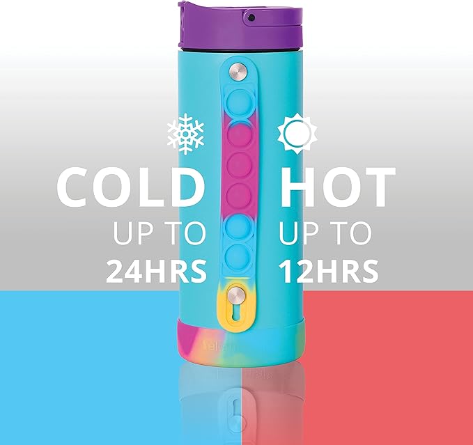Elemental Iconic Kids Water Bottle with Straw Lid & Stress Relief Pop It Handle, Leak-Proof When Closed, Triple Insulated Kids Stainless Steel Water Bottle For Girls and Boys, 14oz - Blue Tie Dye - Bloomnest