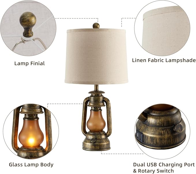 RORIANO Set of 2 Farmhouse Lantern Table Lamps for Living Room with 2 USB Charging Ports, Rustic Vintage Nightstand Lamps with Nightlight for Bedroom End Table Entryway, 4 Bulb Included - Bloomnest
