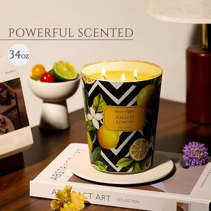 HomeLights Large jar Candle | 3-Wick Long-Lasting Scented Candles, 34oz Natural Soy Wax Candle for Home Scented, Eclectic Mixed Styles Gifts for Women & Men, Amalfi Lemon - Bloomnest
