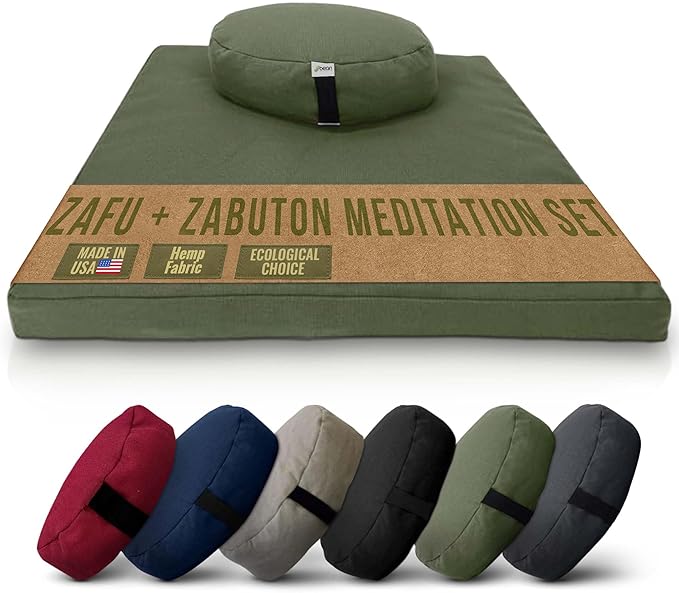 Meditation Cushion Mat Set HEMP - Large Oval Zafu Floor Pillow Organic Buckwheat Pillow + Cotton Filled HEMP Zabuton Prayer Pad - Meditation Pillow Yoga Knee Pad Made in USA - 18" Oval, CACTUS Hemp - Bloomnest