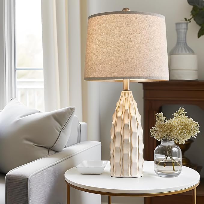 Ceramic Table Lamps Set of 2, 23.75" Modern Farmhouse Bedside Lamp - Cream Nightstand Lamps for Bedroom, Boho Living Room End Tables, Small Office Desk Lamp Decor - Bloomnest