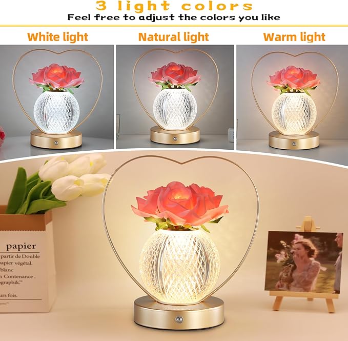 Roses Flower Touch Lamp,Rechargeable Cordless 3-Color Dimmable Small Night Light for Festival,Living Room,Dining Room,Bedroom Home Decor Birthday Gifts for Women - Bloomnest