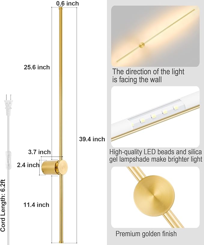 Wall Sconces Set of Two with Remote, Stepless Colors 3000K-6500K & Stepless Dimming, Hardwire or Plug-in, 180° Rotate, LED Gold Plug in Wall Sconces with Timer & Night Light, 39.4 Inches - Bloomnest