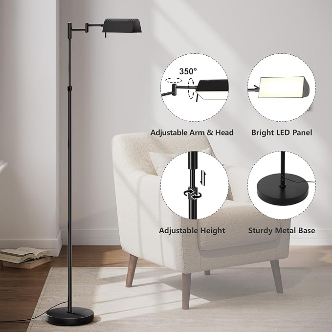 SUNMORY Dimmable LED Pharmacy Floor Lamp, 16W/1500LM Bright Reading Floor Lamp with Remote & Touch Control, 350°Swing Arm, Adjustable Task Craft Standing Lamp for Living Room Bedroom Office, Black - Bloomnest