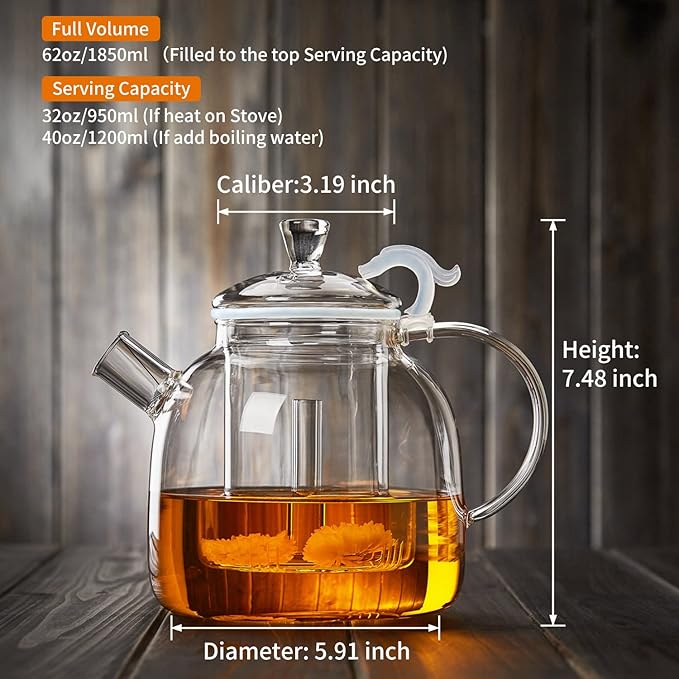 68OZ Glass Teapot, Large Glass Tea Pot With Infuser, Kettle For Stove Top, Tea Cup With Infuser For Loose Leaf Tea Steeper 2000ML, Dishwasher Safe - Bloomnest