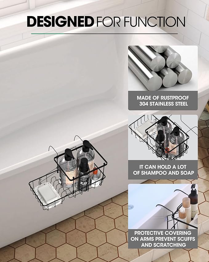 Rustproof Hanging Shower Caddy for Bathtub, Stainless Steel Shower Caddy for Tub Side, Hanging Shower Organizer Basket for Shampoo, Conditioner, Soap & Bath Accessories, Easy Install, Matte Black - Bloomnest