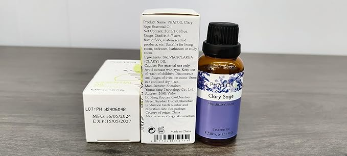 Clary Sage Essential Oil, 1.01Fl.Oz (30ML) PHATOIL Pure Essential Oil Singles for Aromatherapy Diffusers, Humidifiers, Great for DIY Candle and Soap Making, Gift for Friend PHATOIL