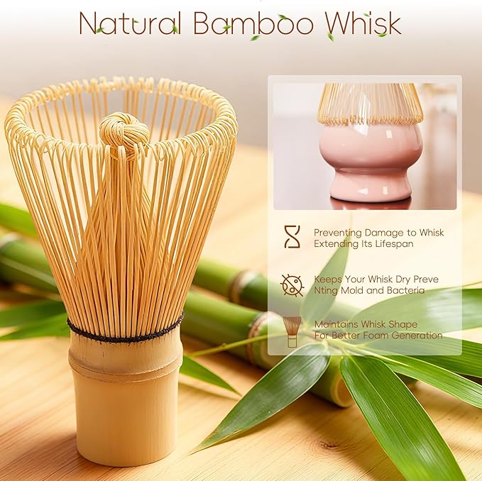Matcha Whisk Set, Ceramic Matcha Set Includes Bowl & Holder, Bamboo Whisk (Chasen), Scoop, Spoon and Sifter, 6PCS Matcha Kit Covers Everything Needed for Making Matcha (Pink) - Bloomnest