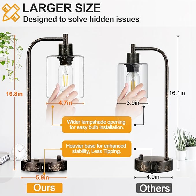 Set of 2 Industrial Table Lamps with USB Port, Rustic Black Fully Stepless Dimmable Bedside Lamps for bedrooms, Nightstand Desk Lamps with Clear Glass Shade for Reading Living Room Office 2 LED Bulb - Bloomnest