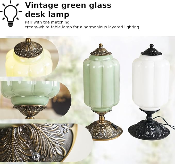 Milk Glass Touch Table Lamp, Elegant Green Jadeite Glass Bedside Desk Lamp 3 Way Dimmable with USB C+A Charging Ports - Bedroom Nightstand & Living Room Essential, 4W Bulb Included (Green, 6.5) - Bloomnest
