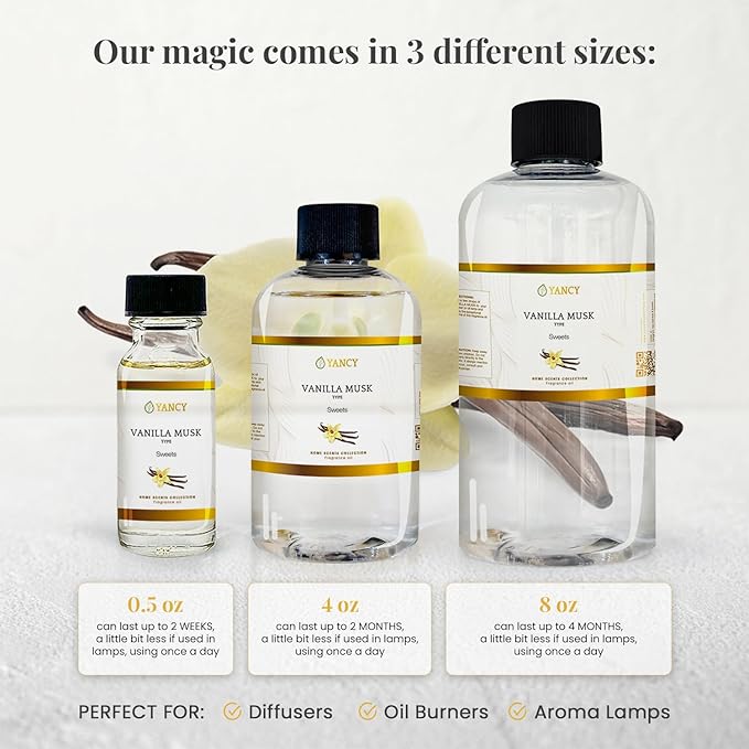 YANCY Vanilla Musk Home Collection Fragrance Oil (8 oz), Luxurious Vanilla and Musk Scent, Warm Fragrance for Diffusers, Oil Burners & Aroma Lamps, Cozy Scent for Relaxing Home Spaces YancySpa