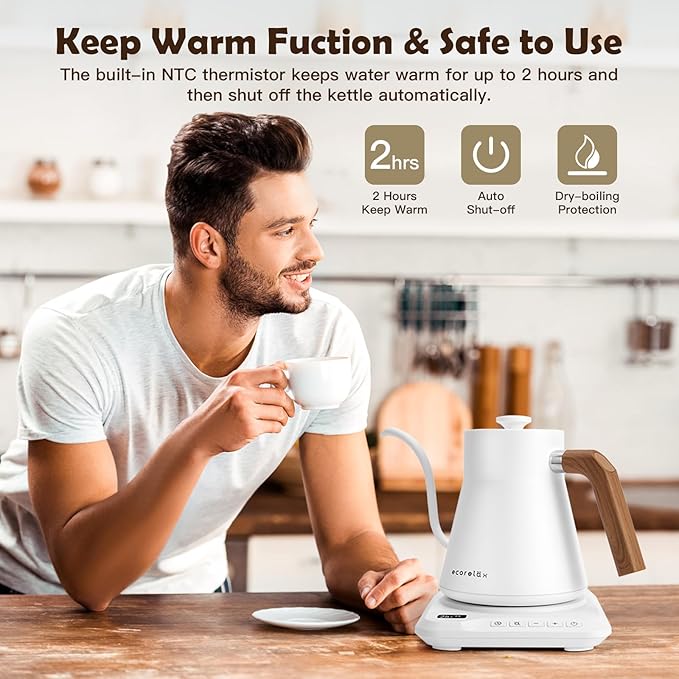 ECORELAX Gooseneck Electric Kettle, ±1℉ Temperature Control Pour Over Kettle for Coffee, Tea & Water, Stainless Steel 1200 W Keep Warm OLED Display 1 L (White) - Bloomnest