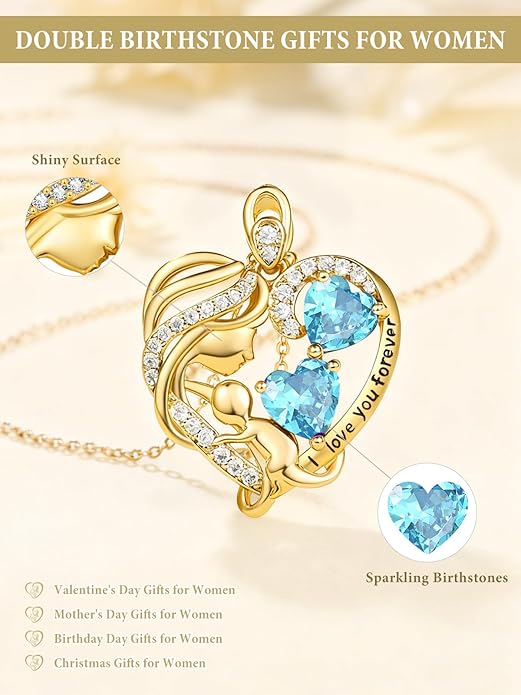 14K Gold Double Birthstone Heart Necklace for Women Mom, Mother Son/Daughter Pendant Necklace for Christmas Mother's Day Birthday Gifts for Wife Daughter Grandmom - Bloomnest