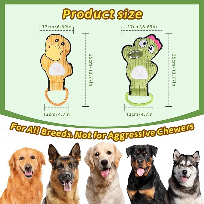 2-Pack Squeaky Dog Toys & Tough Tug of War Set - No Stuffing Chew-Resistant Plush Toys to Keep Them Busy, Best Birthday Gift for Small/Medium/Large Breeds (Ducks & Dino) - Bloomnest