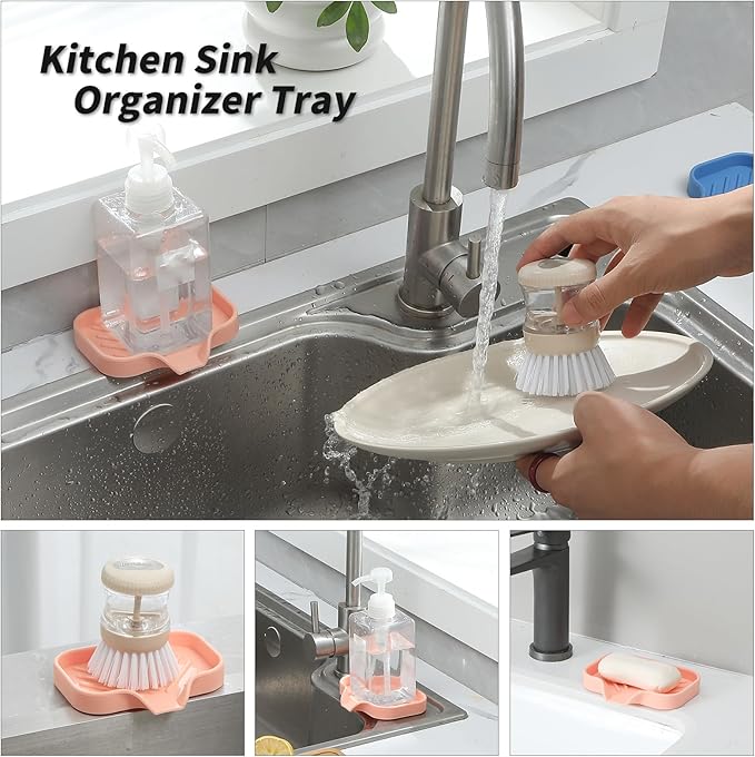 Silicone Bathroom Soap Dishes with Drain Spout-Bathroom and Kitchen Sink Organizer,Sponge Holder,Dish Soap Tray,Perfect for Dispenser,Scrubber,Bottle,Cup on Sink or Counter-Pink 4.9"×3.2" - Bloomnest