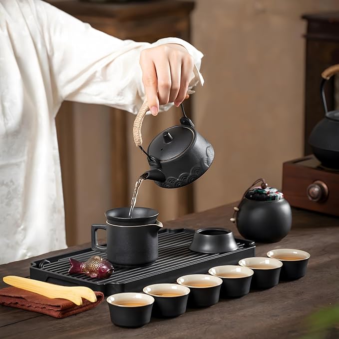 ICHAG Japanese Tea Set, Chinese Tea Sets for Adults, 15-Piece Porcelain Gongfu Tea Set with Tea Pet & Tea Tray, Japanese Teapot Set, Travel Tea Party Set, for Home/Office/Outdoor/Gifts - Bloomnest