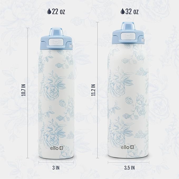 Ello Pop & Fill Insulated Stainless Steel Water Bottle with Quick Fill Lid, Leakproof Locking, Sip or Chug Spout, BPA-Free, Double Wall Vacuum Insulated for Sports, Travel & School- 22oz / 32oz / 40oz Ello