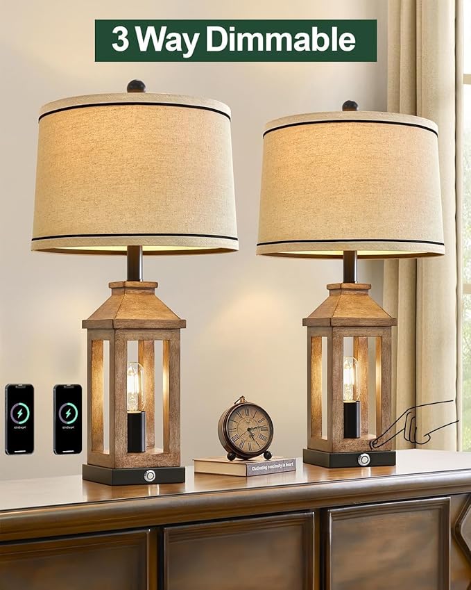 23.75" Farmhouse Dual USB Charging Ports 3-Way Dimmable Touch Control Table Lamp with Nightlight Vintage Modern Lamps for Living Room Bedroom - Bloomnest