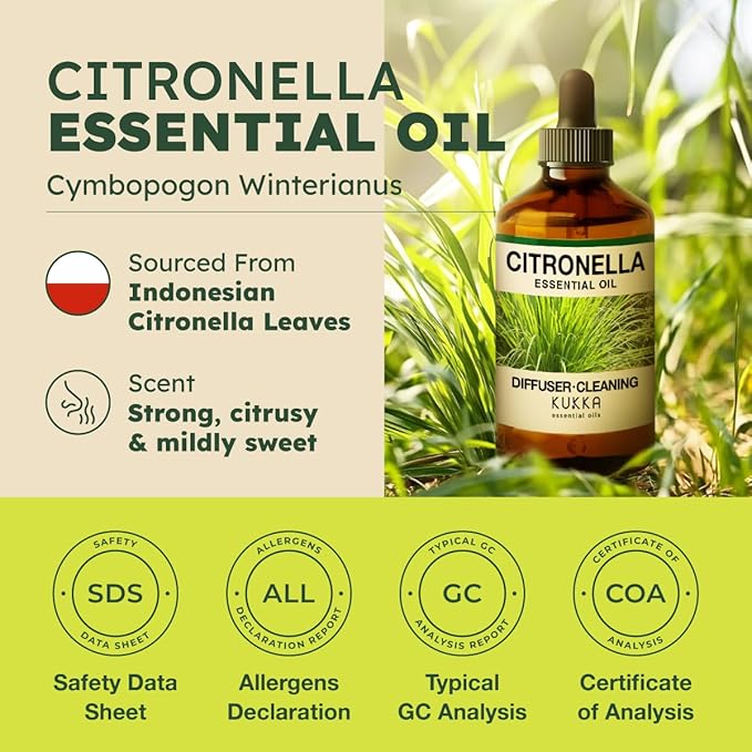 KUKKA Citronella Essential Oils - 4 Fl Oz - for Hair, Skin, Diffuser, Aromatherapy & DIY Soap Making Scent - Bloomnest